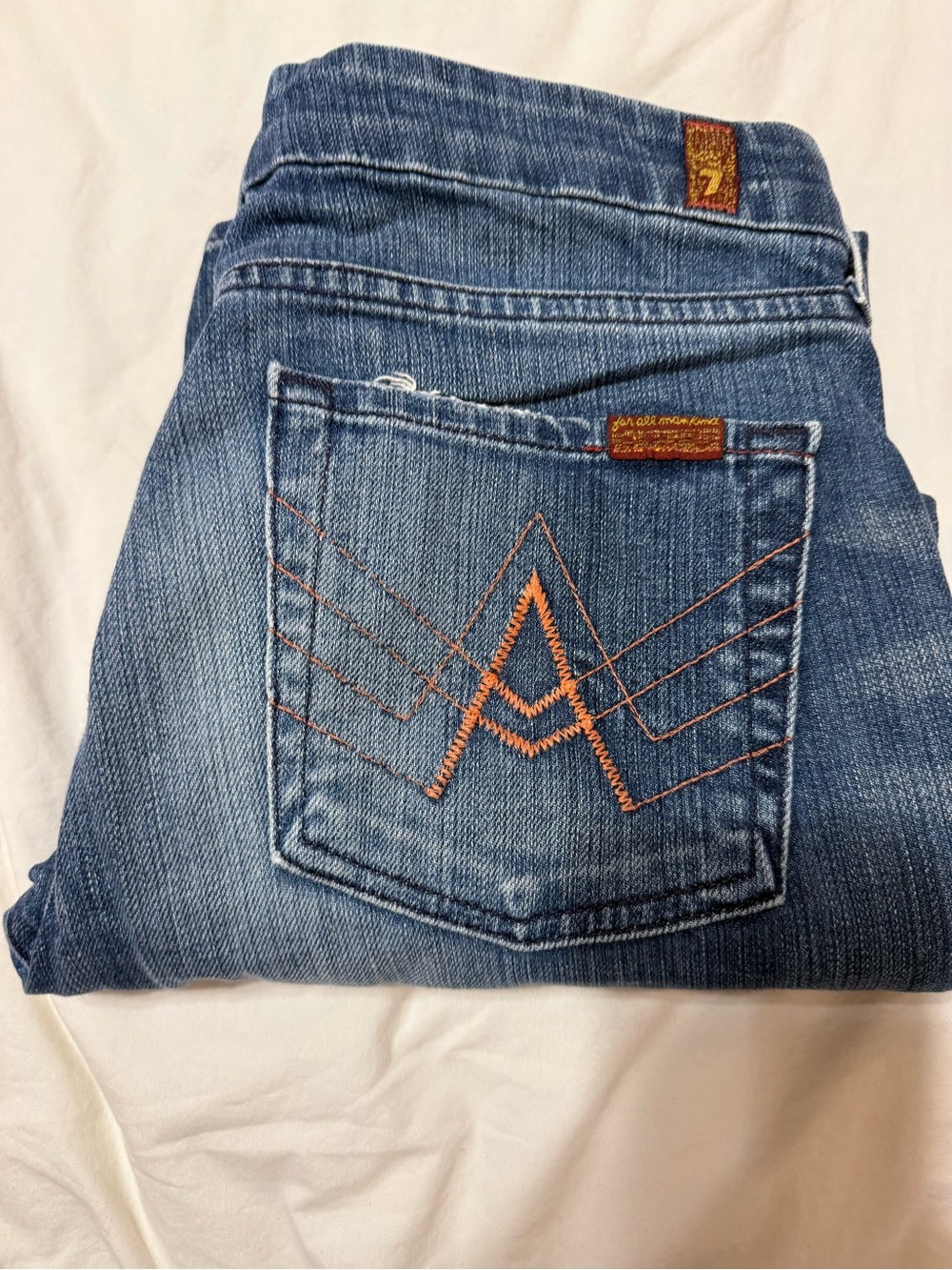 7 For All Mankind Women’s Blue Denim Crop Jeans with Orange Stitching size 30